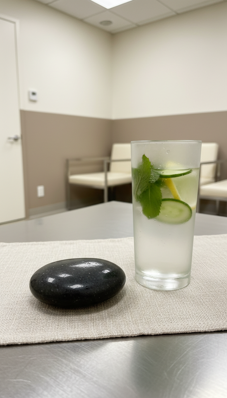 A close-up of a smooth polished river stone and a sleek frosted glass of herbal-infused water, arranged on a neutral linen placemat atop a brushed steel table. The scene takes place in a curated wellness consultation room with clean, straight lines and gentle taupe accents in the background. Diffused overhead lighting creates balanced light and soft highlights on the stone and glass, casting calming, rounded shadows. The mood is serene and precise, evoking trust and holistic health. Captured from a slightly elevated angle, framed using the rule of thirds, with a crisp, focused image style suited to a professional business setting.