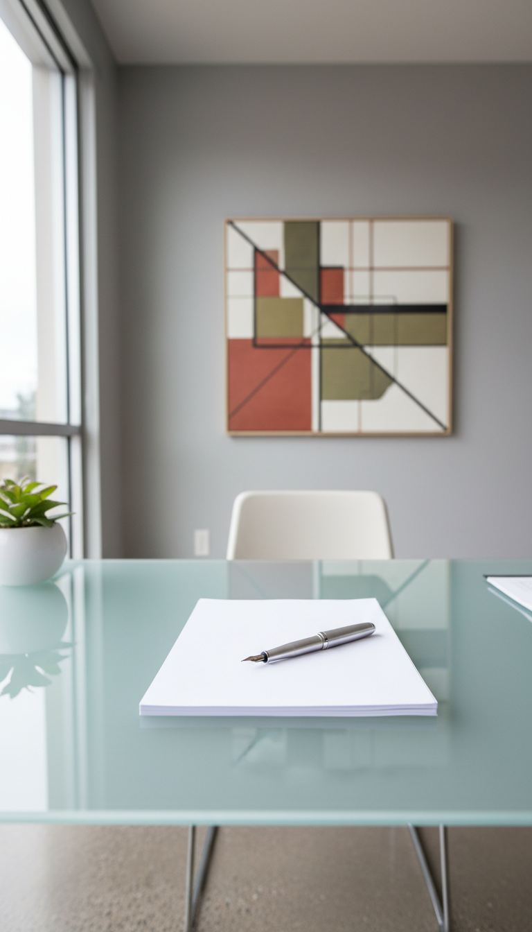 A neatly organized glass desk with a smooth, matte finish, holding a stack of crisp white papers and a sleek silver fountain pen, symbolizing a professional, holistic approach. The desk is set in a minimalist office environment with subtle grey walls and a geometric abstract painting in muted earth tones. Natural daylight enters from a nearby window, bathing the scene in soft, even illumination and enhancing the clean, structured lines. The atmosphere feels calm, focused, and reassuring. Photographed at eye level with a centered composition and slight depth of field to draw attention to the workspace's clarity and balance. The overall feel is modern, photographic realism, with a corporate, integrative health theme.