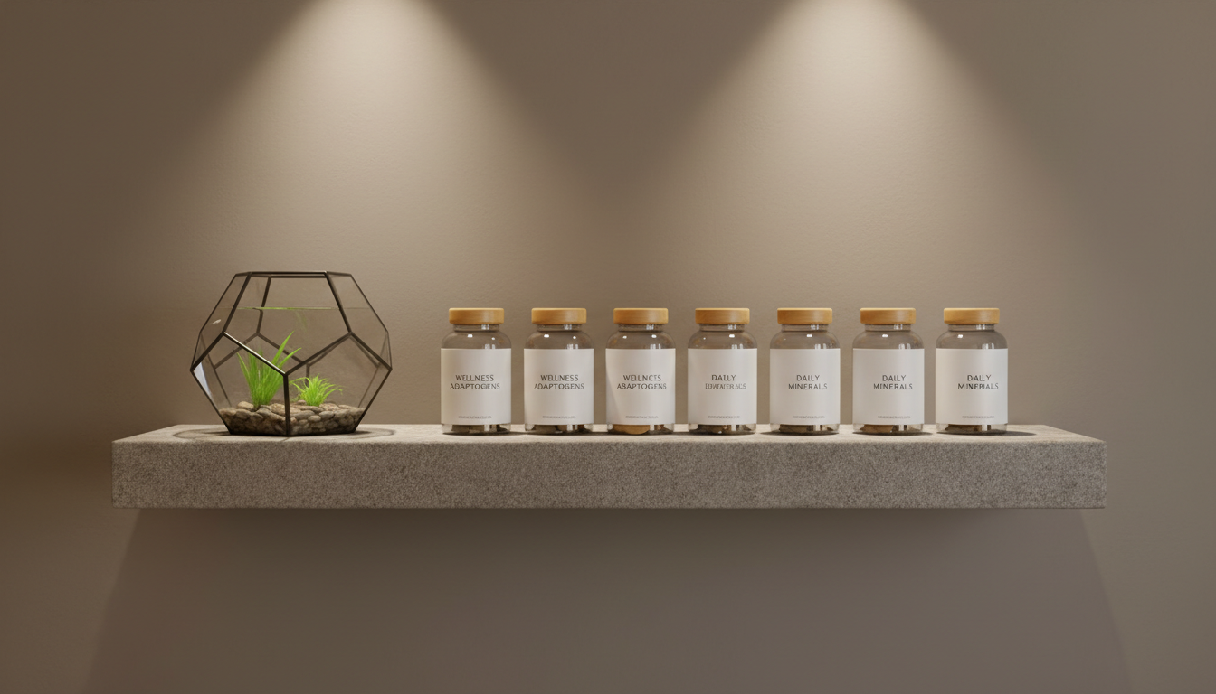 An orderly arrangement of glossy glass supplement bottles with minimalist white labels and bamboo caps, positioned on a floating matte stone shelf against a warm grey wall. Nearby, a calm water-filled terrarium adds a touch of greenery without clutter. Soft ambient wall lighting washes across the product surfaces, creating refined shadow play and delicate reflections. The setting feels structured and trustworthy, designed for a business context. Captured at an eye-level angle with symmetrical balance, the photographic realism and neutral tones reinforce professionalism in integrative health consulting.