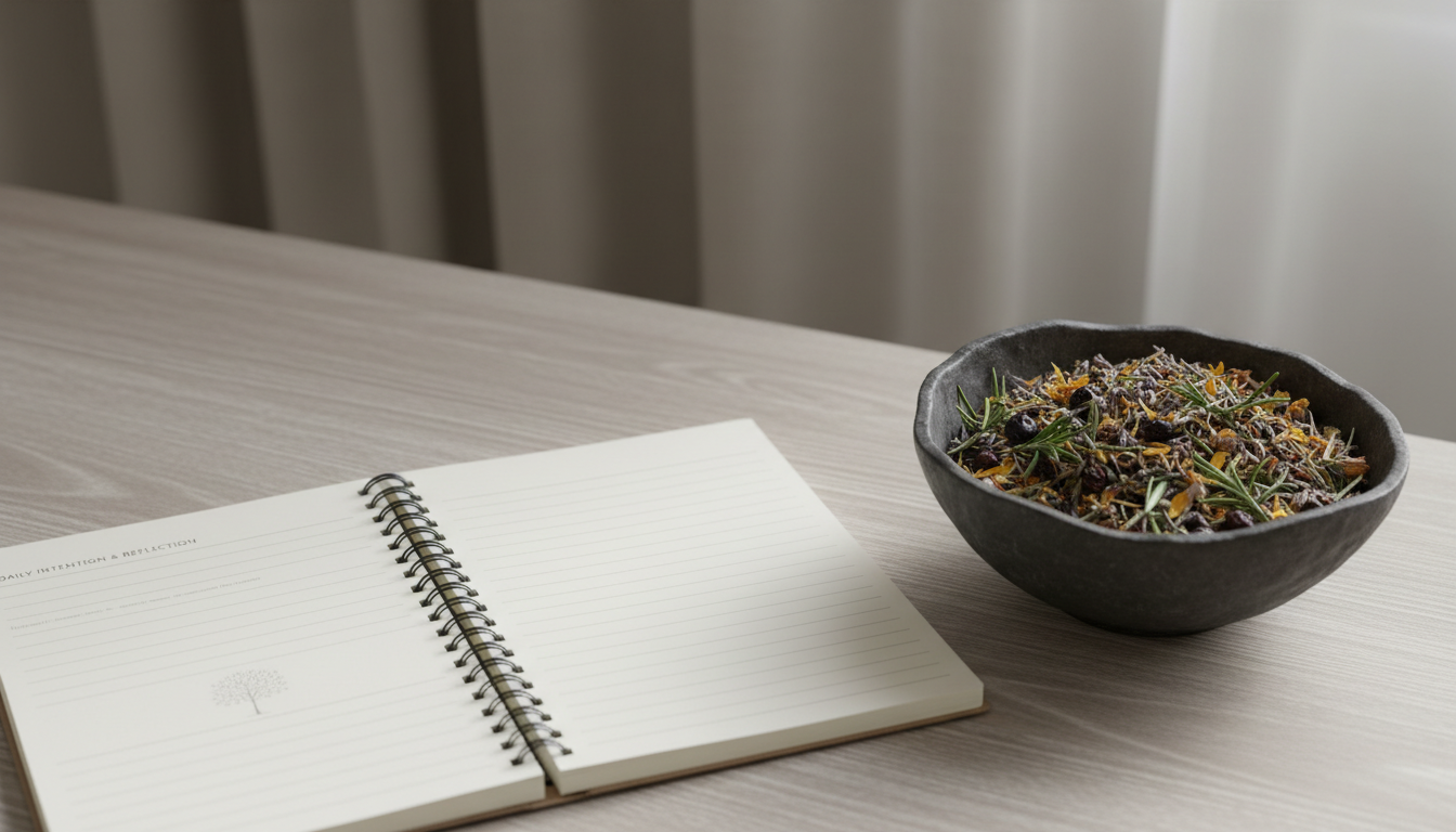 A pristine spiral-bound health journal with a textured ivory cover, embossed with a discreet tree motif, lying open alongside a dark charcoal ceramic bowl filled with vibrant dried herbs. All are set on a structured light ash wood surface against a backdrop of pale, neutral curtains. Gentle, indirect daylight enters from the side, creating subtle highlights on the paper and enhancing the natural textures. The mood is contemplative and optimistic, aimed at encouraging self-reflection in integrative health. Photographed from a slightly overhead angle with a clean, balanced composition and sharp focus, maintaining a corporate, photographic look.